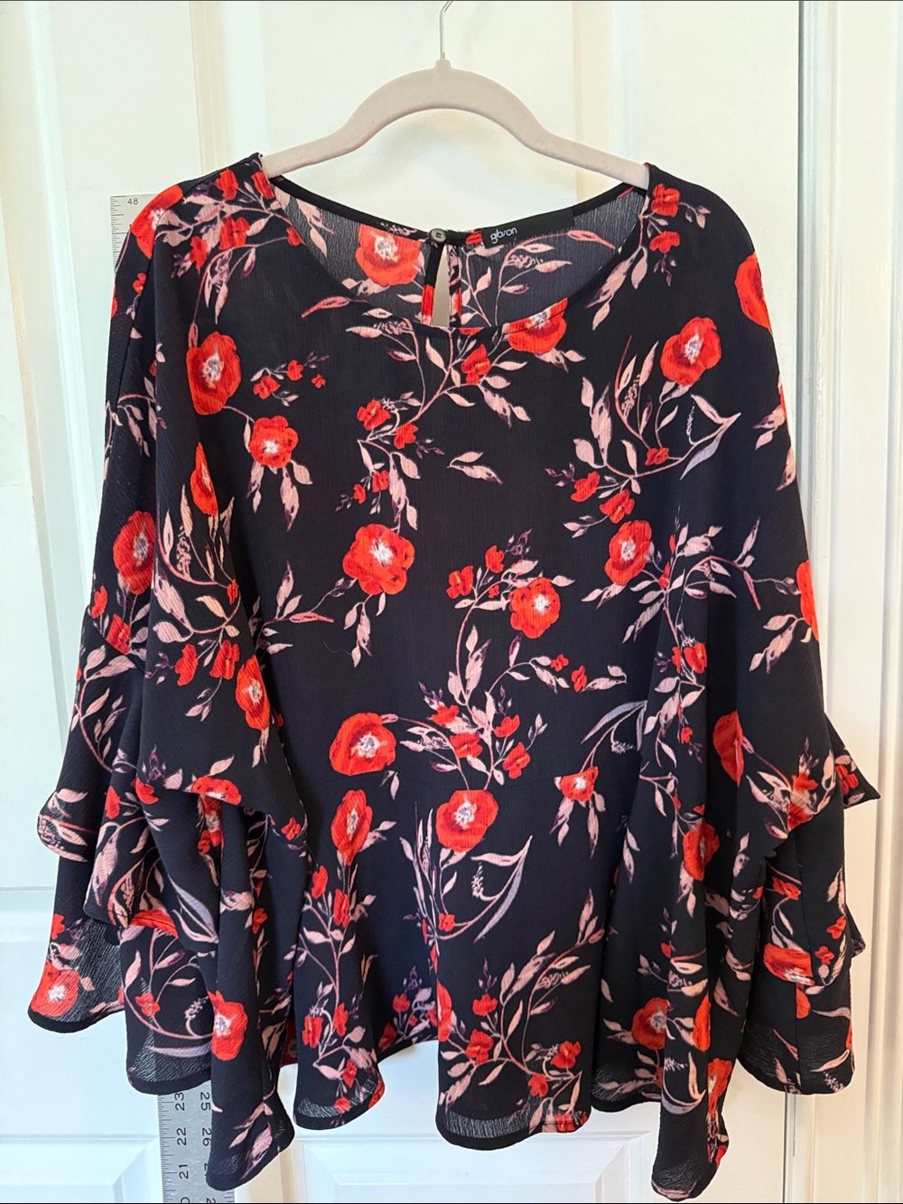 Gibson Black Blouse with Red Floral Ruffles